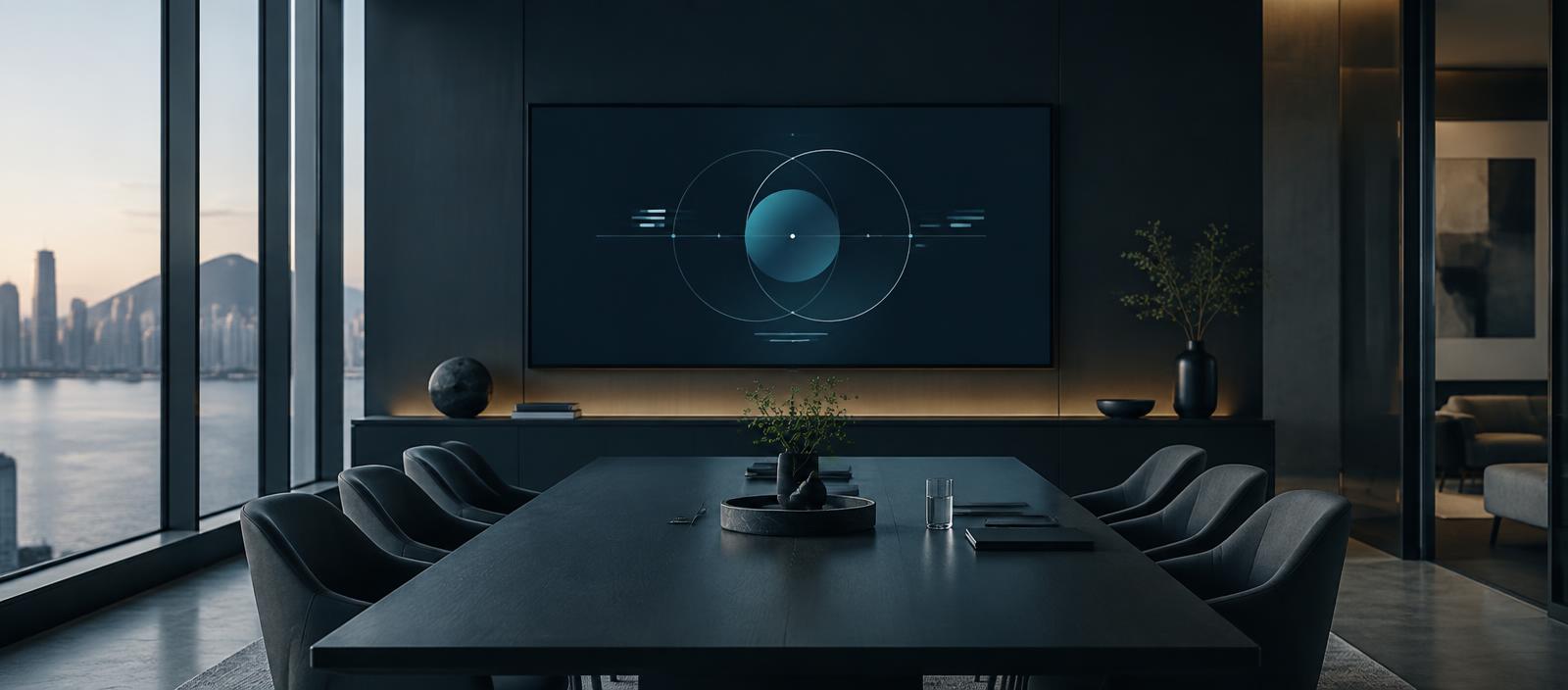 A calm modern studio interior with an abstract strategy framework on screen, representing the Malvorah approach