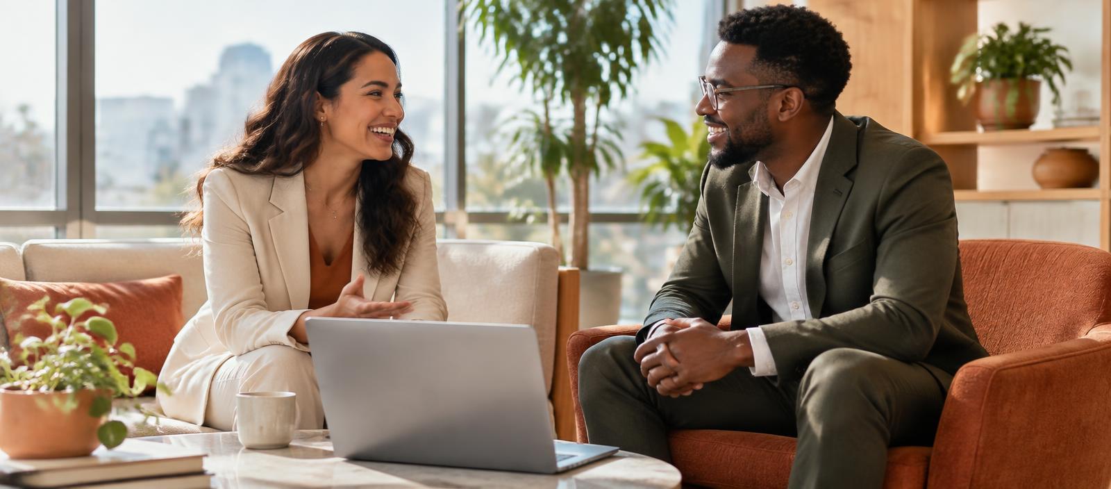 Two advisors talking warmly over a laptop in a sunlit contemporary office lounge