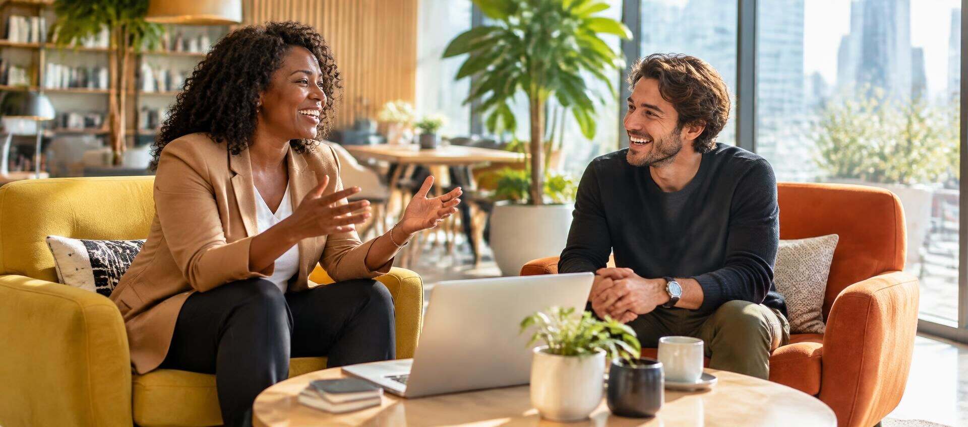 A fractional product leader and a founder laughing as they plan growth in a sunlit modern lounge