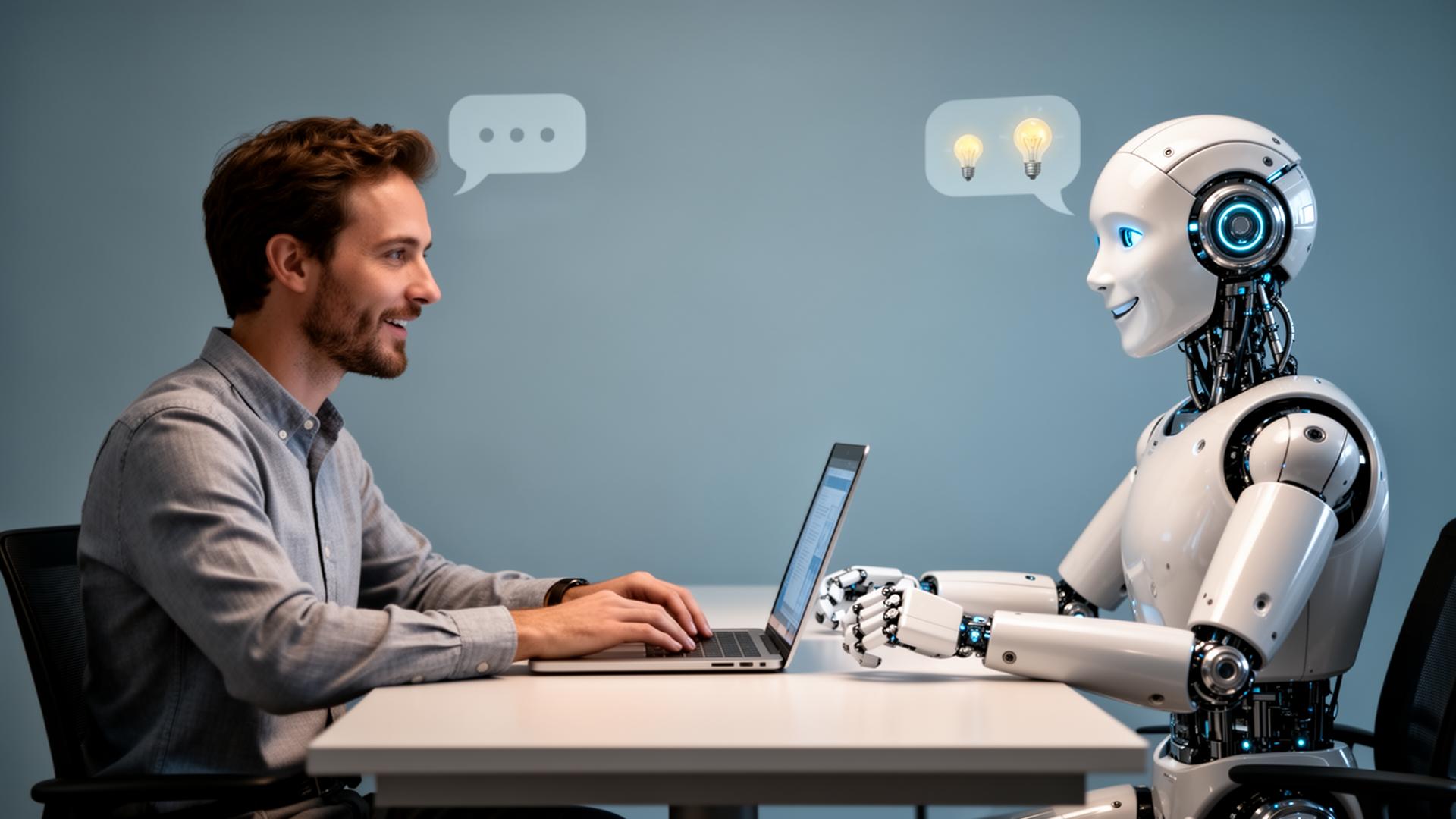 A founder and a friendly humanoid AI sitting across a desk, collaborating on a laptop — visualising the PromptLab co-founder partnership