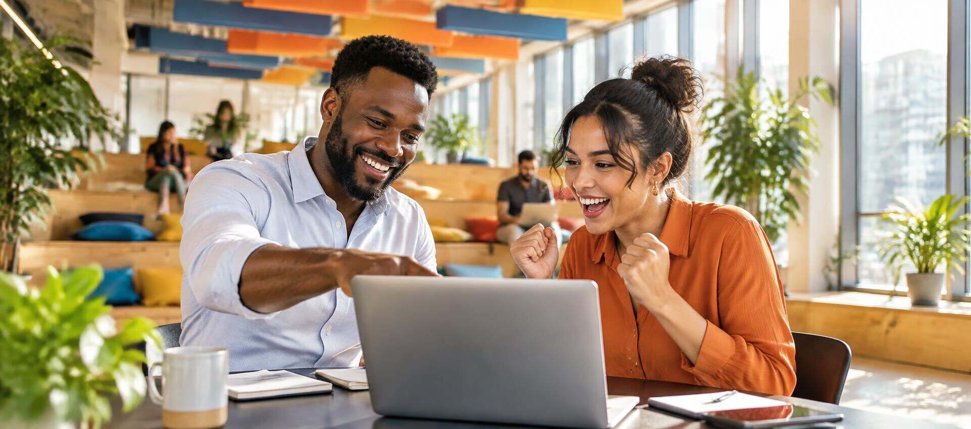 Two entrepreneurs celebrating a breakthrough over their AI prompt playbook in a bright colourful workspace