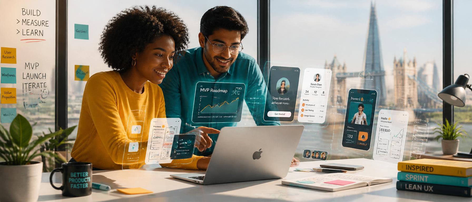 A founder and product designer launching an AI-built MVP, reviewing the live app and analytics with AI assistance