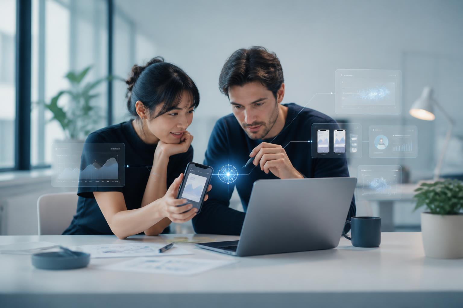 A founder and product designer launching an AI-built MVP, reviewing the live app and analytics with AI assistance