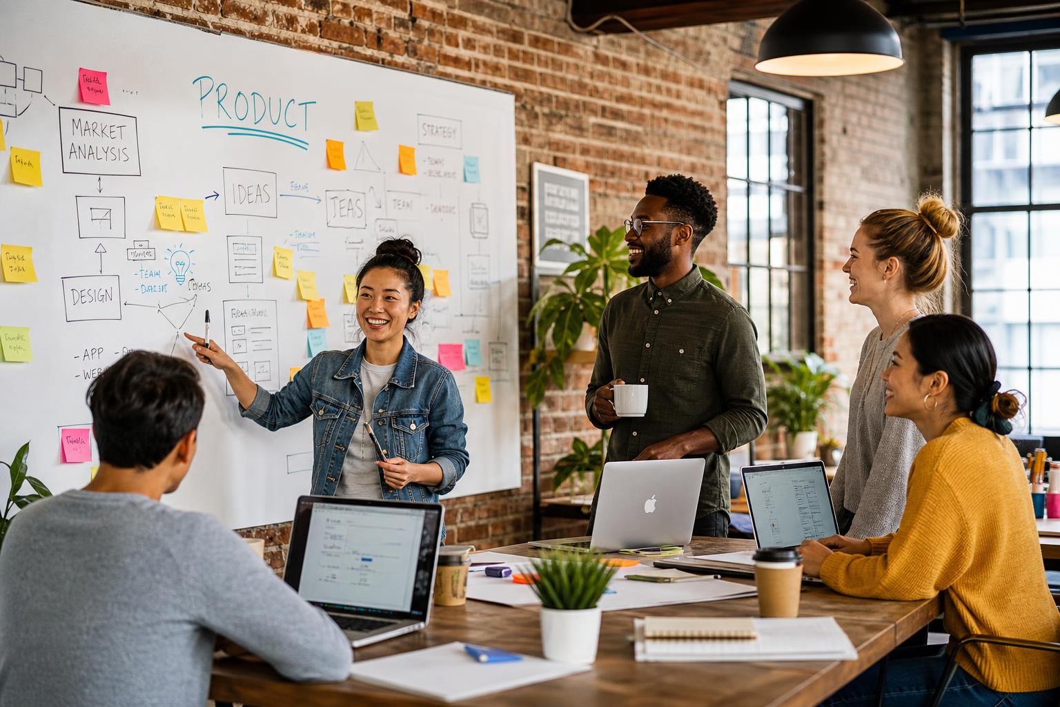 Creative startup workshop with team collaborating in a modern loft space